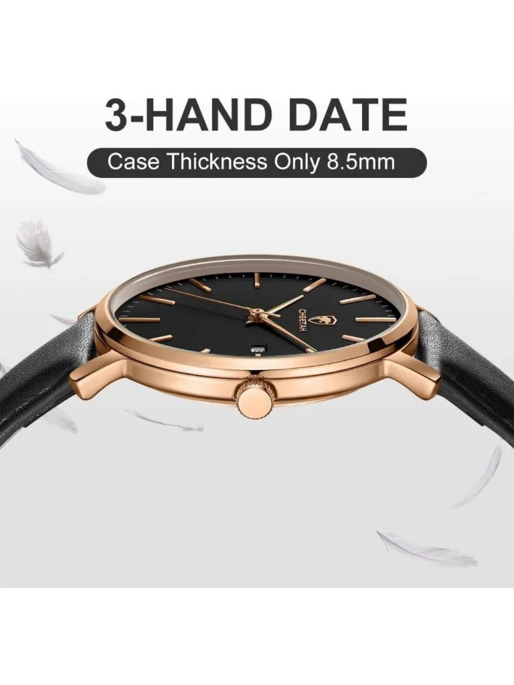 Men's  Rose/ Gold /Black Leather Strap Minimalist Waterproof Quartz Wrist Watch